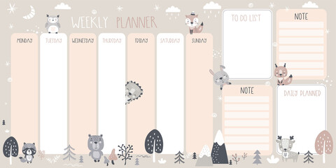 Weekly, daily planner and to do list with cute wild animals. Adorable forest animals, plants and elements. Doodle hand drawn poster.
