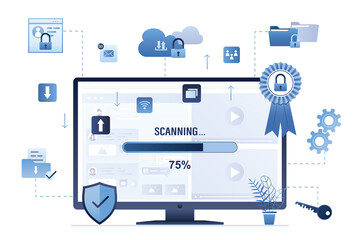 Antivirus scanning network and software, searching viruses and trojans. Protection of data, passwords and apps. Internet security technology