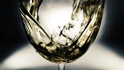 Creative macro slow motion video of white wine pouring into a glass. Glass with pouring white wine close-up. Old retro grunge vintage style.