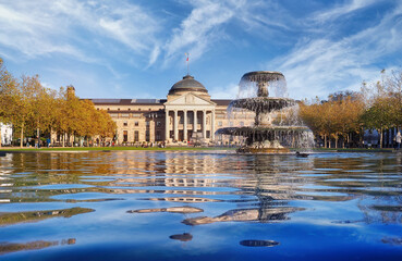 Kurhaus Wiesbaden (Health Spa) and park in autumn with fountain and panoramic view - obrazy, fototapety, plakaty