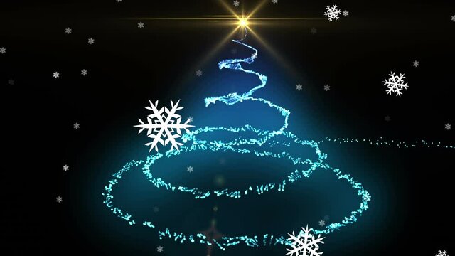 Digital animation of snowflakes moving over shooting star forming a christmas tree