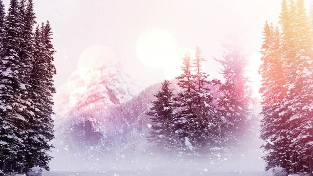 Digital animation of spots of light against snow falling on winter landscape with trees and mountain