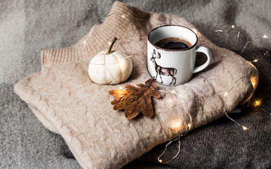 Knitted sweaters, decorative pumpkin, dry oak leaf and a cup of coffee