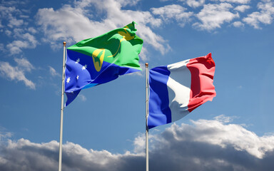 Beautiful national state flags of Christmas Islands and France together at the sky background. 3D artwork concept.