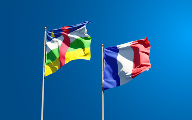 Beautiful national state flags of The Central African and France together at the sky background. 3D artwork concept.