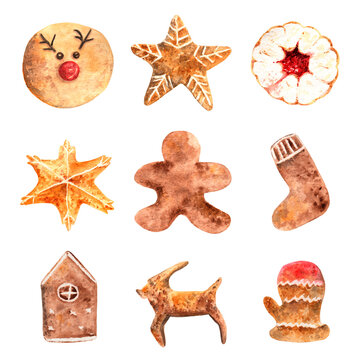 Watercolor Christmas gingerbread deer, mitten, house, snowflake, star, sock and jelly baked cookies set. Hand drawn new year clipart of  pastries. For greeting or invitation cards, presents wrapping
