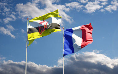 Beautiful national state flags of Brunei and France together at the sky background. 3D artwork concept.