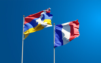 Beautiful national state flags of Artsakh and France together at the sky background. 3D artwork concept.