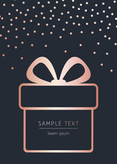 Vector modern template card with silhouette gift box and confetti on a dark background. Rose gold color