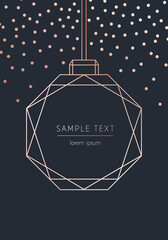 Vector modern template christmas card. Abstract christmas ball with confetti. Geometric rose gold pattern