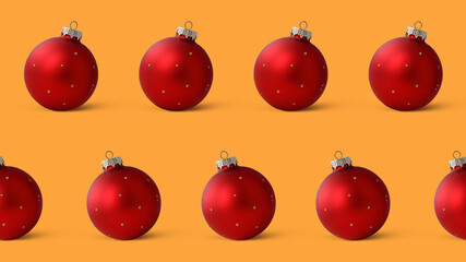 Seamless set of Christmas balls, decorations for the Christmas tree isolated on an orange background. Banner.