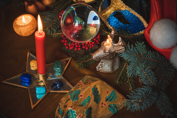 Concept of Christmas divination predictions on tarot cards, magical ball and other magic
