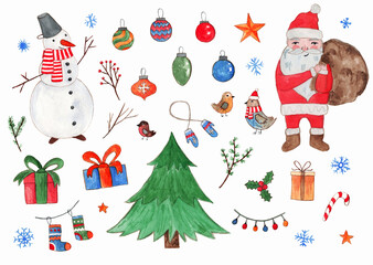 Bright colorful set of cute watercolor Christmas elements including fir, snowman, Santa Claus, giftboxes, mittens, stocking, snowflakes for new year banner design, stickers, kids apps