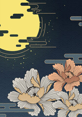 Flower and moon with Japanese wave pattern vector. Oriental Style Background. Mid-Autumn Festival or Moon Festival. gold on dark blue. Vector Flat style.