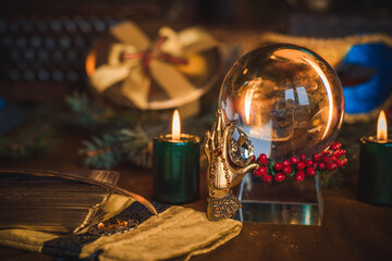 Concept of Christmas divination predictions on tarot cards, magical ball and other magic