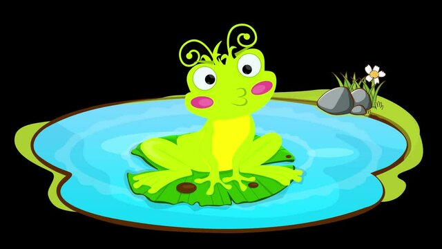 A frog on a water Lily lets out bubbles black background