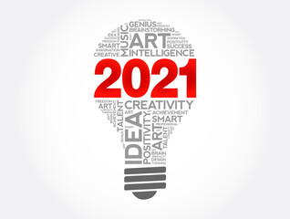 2021 Creative Ideas bulb word cloud collage, concept background