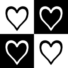 Decorative pattern with a silhouettes of four hearts in a black and white contrast colors