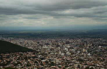 Urban texture. Aerial view of the city Salta at the foot of the mountain.	