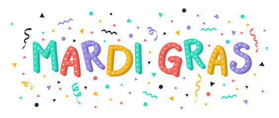 Concept of Mardi Gras typography with hand drawn decorations. Vector