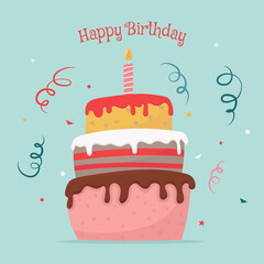 Happy Birthday greeting card with three-tiered cake. Vector illustration in cartoon flat style