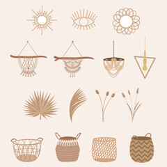 Hand drawn illustration with home decor elements in boho style. Natural color objects like cane baskets, palm leaf, mirror, lamps and macrame wall hangers © sudevi