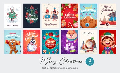 Set of Merry Christmas and Happy new Year greeting cards design with Christmas characters. Vector