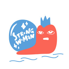 Strong woman hand drawn flat cute red and blue unhappy snail.