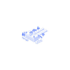 Monochrome line art isometric railway station building illustration. Train station outside with trees bus stop and parking