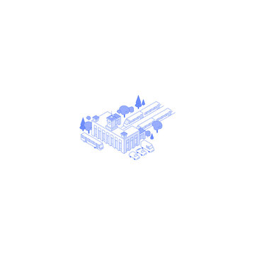 Monochrome line art isometric railway station building illustration. Train station outside with trees bus stop and parking