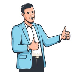 Stylish Man in suit thumb up. Like sign - hand gesture. Retro cartoon character. Vector illustration.