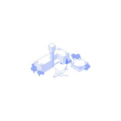 Monochrome line art isometric airport building illustration. Terminal outside with trees garage and aircraft