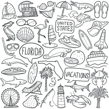 Florida USA doodle icon set. Vacations Vector illustration collection. Banner Hand drawn Line art style.