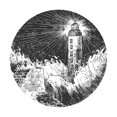 Lighthouse in stormy dark sea sketch