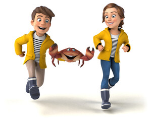 Fun 3D Illustration of cartoon kids with a crab