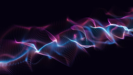 Dynamic waves background. Glowing multi-colour line particles with beautiful bokeh. Digital tech 3d perspective illustration