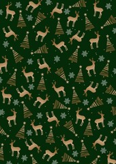 Minimalist gold christmas tree and reindeer patterned background on green background