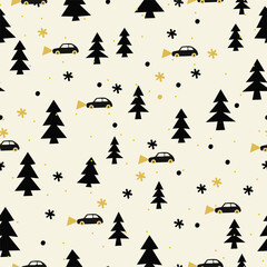 Vector seamless pattern of cars, trees and snow. Black and gold color. Winter christmas background. Car in forest illustration