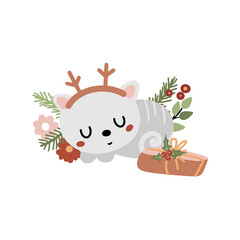 Cartoon sleeping cat with gift