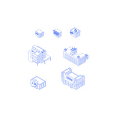 Set of isometric objects. Monochrome line art downtown buildings collection. Shops cafes hospital railway station theatre and cinema