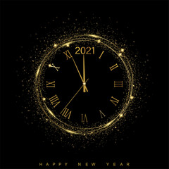 Fototapeta na wymiar 2021 New Year card with golden and glittering text. Vector