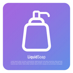 Dispenser for gel or foam soap thin line icon. Bottle with pump. Modern vector illustration of bathroom equipment.