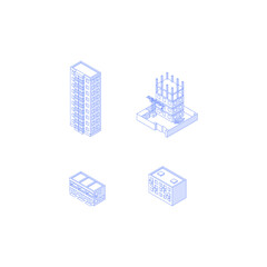 Set of isometric objects. Monochrome line art city buildings collection. Apartment houses high-rise condo construction site