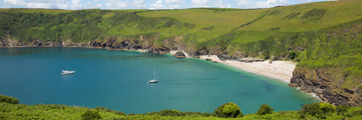 Lantic Bay beach Cornwall near Fowey and Polruan panoramic view