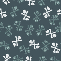Random seamless doodle pattern with hand drawn skulls and bones shapes. Pastel blue background.