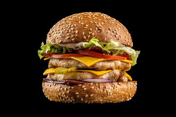 Modern American burgers. Juicy burgers with meat and chicken cutlet, grilled on an open fire.