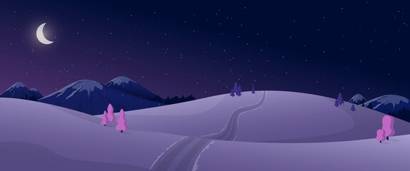 Fototapeta premium Cartoon panoramic view of winter night nature in black and violet colors. Mountains with snow-capped peaks, trees, firs, hills in the snow. A path leading off into the distance, Christmas and moon.