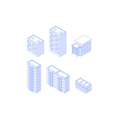 Set of isometric objects. Monochrome line art apartment houses collection. three-storey five-storey and nine-storey condos