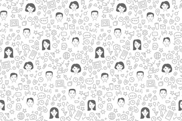 Social network people and icons seamless pattern background. Vector illustration doodle style