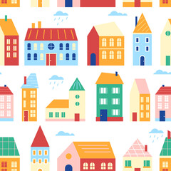 Houses seamless pattern vector illustration, cartoon flat cute urban cityscape with colorful buildings, retro traditional townhouses in row